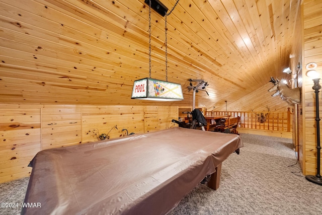 rec room with wood walls, wooden ceiling, billiards, and carpet floors