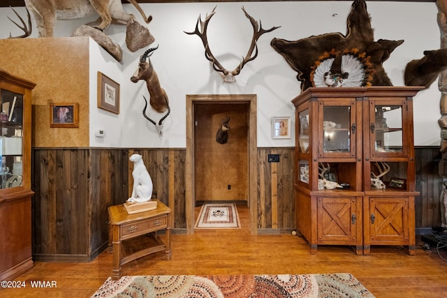 interior space with wood finished floors, a wainscoted wall, and wood walls