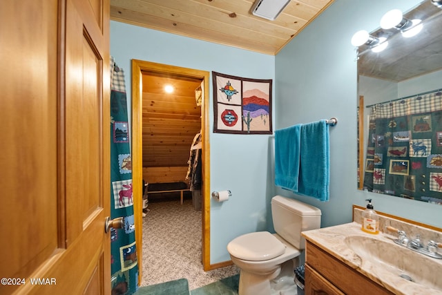 full bathroom featuring a shower with curtain, toilet, wooden ceiling, and vanity