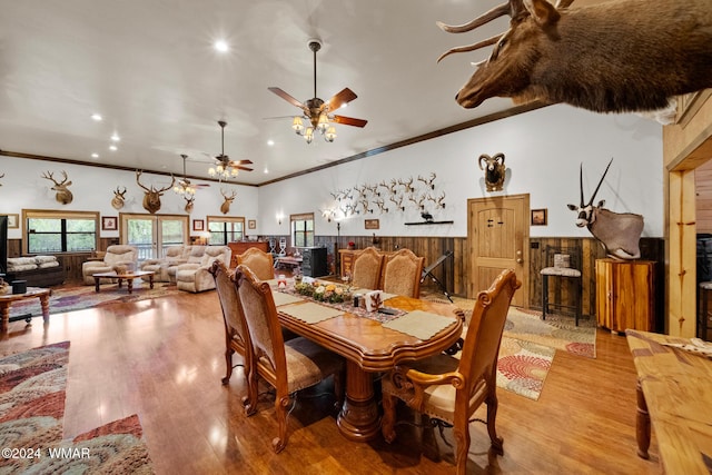 dining room featuring ornamental molding, recessed lighting, wooden walls, wainscoting, and light wood finished floors