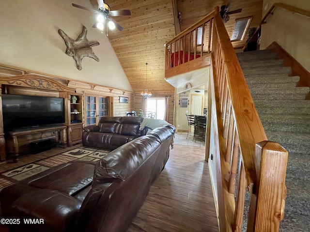 183 N Becker Lake Rd, Springerville, AZ 85938 - living room with high vaulted ceiling, ceiling fan, wood finished floors, stairs, and wood ceiling