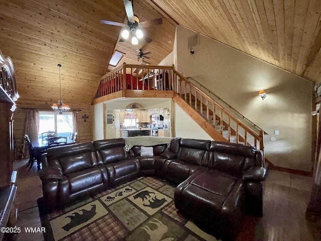 183 N Becker Lake Rd, Springerville, AZ 85938 - living area with wooden ceiling, high vaulted ceiling, ceiling fan, a chandelier, and stairs