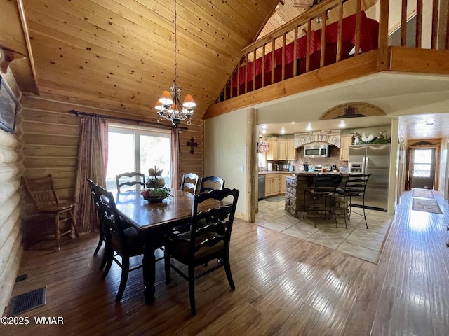183 N Becker Lake Rd, Springerville, AZ 85938 - dining space with high vaulted ceiling, a chandelier, light wood finished floors, and wood ceiling