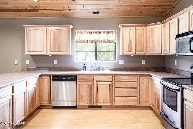 3244 Outlaw Trl, Overgaard, AZ 85933 - kitchen featuring a sink, appliances with stainless steel finishes, light brown cabinets, and wood ceiling