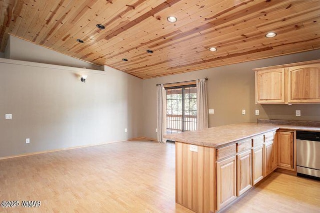 3244 Outlaw Trl, Overgaard, AZ 85933 - kitchen with lofted ceiling, light brown cabinetry, wood ceiling, light wood finished floors, and dishwasher