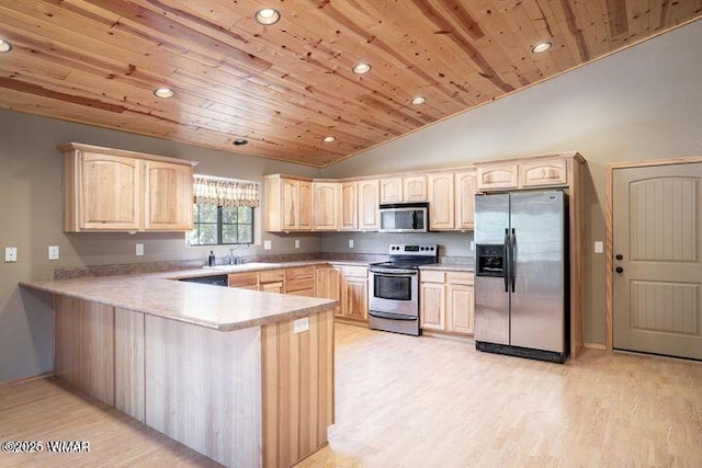 3244 Outlaw Trl, Overgaard, AZ 85933 - kitchen with a peninsula, appliances with stainless steel finishes, wood ceiling, and light brown cabinets