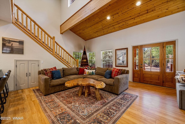 1415 N Lake View Cir, Lakeside, AZ 85929 - living area with high vaulted ceiling, light wood-style floors, healthy amount of natural light, stairs, and recessed lighting