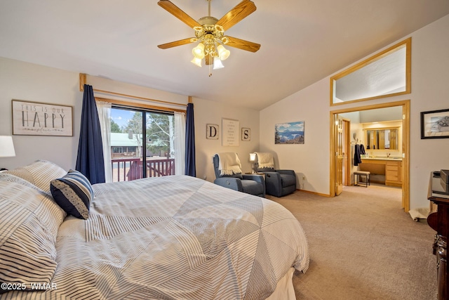 carpeted bedroom featuring baseboards, access to exterior, a ceiling fan, and vaulted ceiling