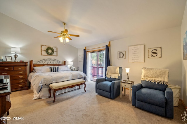 bedroom featuring access to exterior, light carpet, ceiling fan, and vaulted ceiling