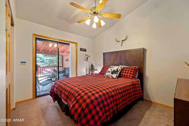 bedroom featuring access to outside, baseboards, lofted ceiling, and carpet floors