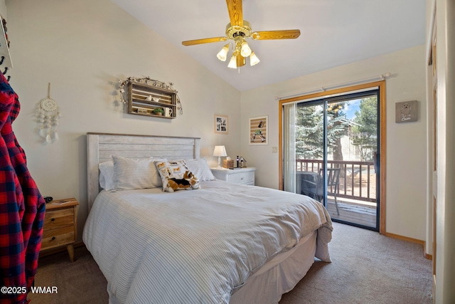 carpeted bedroom with ceiling fan, baseboards, access to exterior, and vaulted ceiling