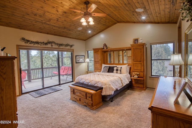 bedroom featuring light colored carpet, lofted ceiling, wood ceiling, access to exterior, and recessed lighting