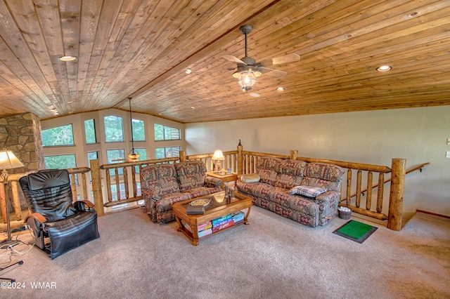 living area featuring carpet floors, wooden ceiling, and recessed lighting