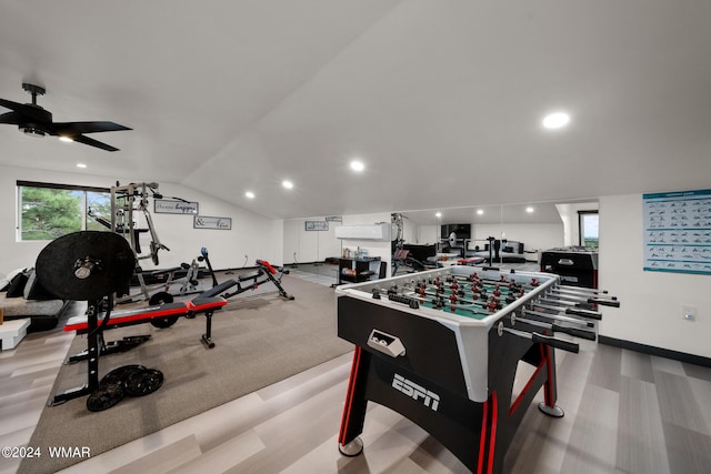 game room featuring lofted ceiling, ceiling fan, and recessed lighting