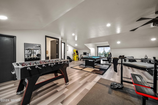 recreation room with lofted ceiling, recessed lighting, billiards, a ceiling fan, and light wood-style floors