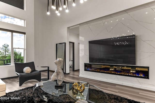 living room with a high ceiling, wood finished floors, and a premium fireplace