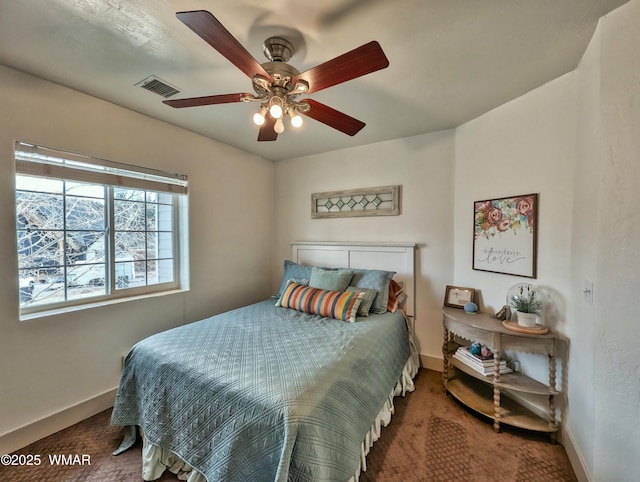 bedroom featuring visible vents, a ceiling fan, and baseboards