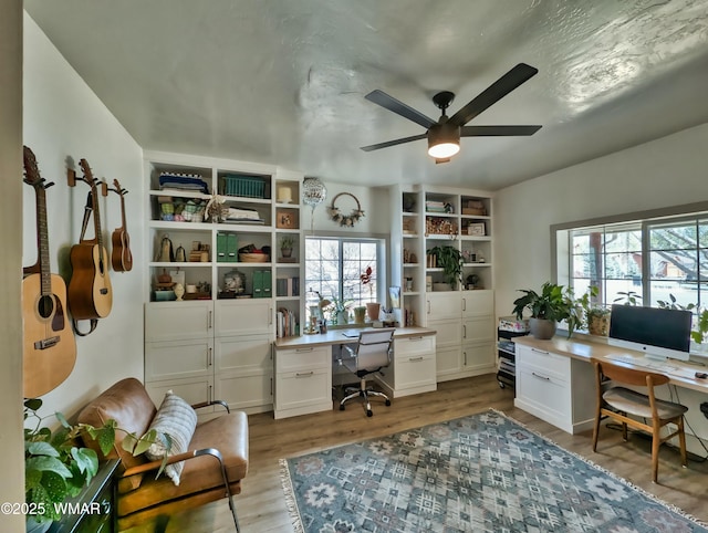 office area featuring ceiling fan, plenty of natural light, and wood finished floors