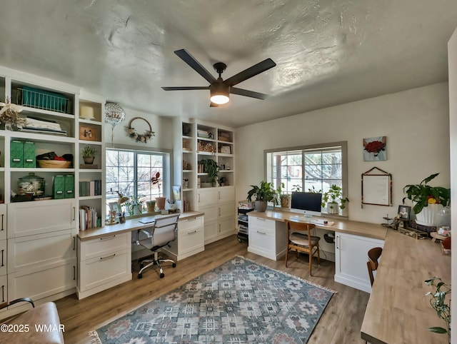 home office with a ceiling fan, wood finished floors, and a healthy amount of sunlight