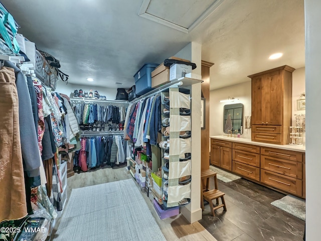 spacious closet featuring attic access and dark wood-style flooring