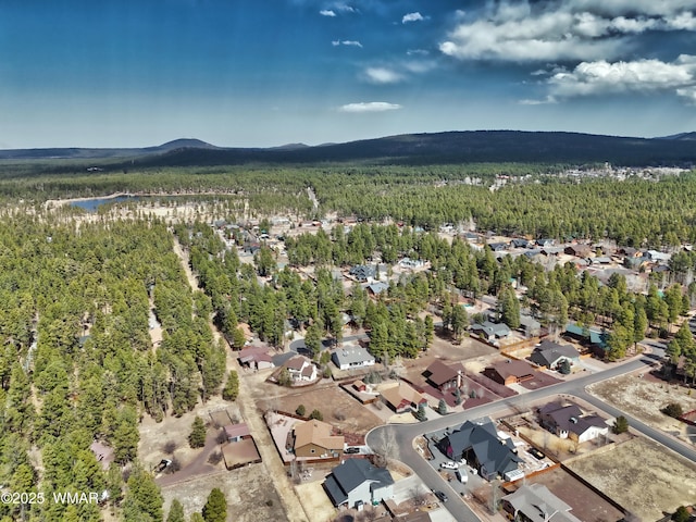 birds eye view of property with a mountain view and a wooded view