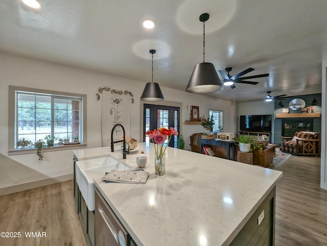 kitchen with decorative light fixtures, plenty of natural light, and light wood-style floors