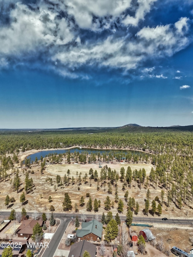 aerial view with a wooded view and a water view