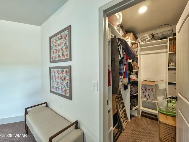 walk in closet featuring carpet flooring