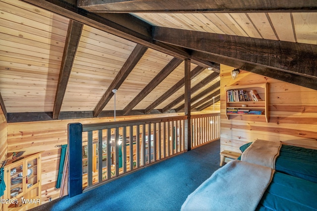 2677 Jackrabbit Dr, Pinetop, AZ 85935 - unfurnished room featuring lofted ceiling with beams, carpet floors, wood walls, and wood ceiling