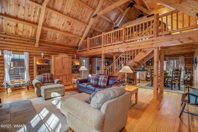 2677 Jackrabbit Dr, Pinetop, AZ 85935 - living area featuring high vaulted ceiling, wooden ceiling, stairway, beam ceiling, and light wood finished floors