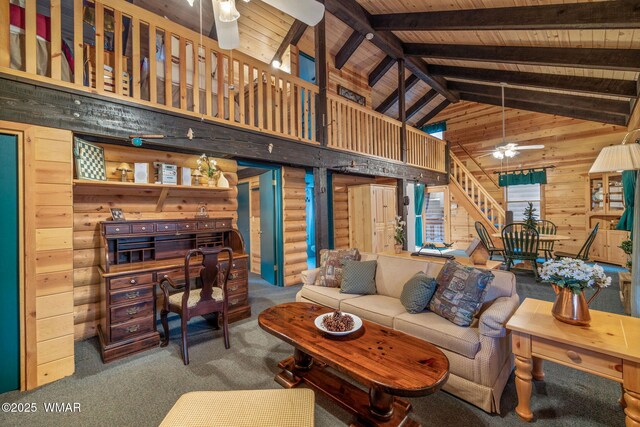2677 Jackrabbit Dr, Pinetop, AZ 85935 - carpeted living room with ceiling fan, high vaulted ceiling, wood walls, wood ceiling, and beam ceiling