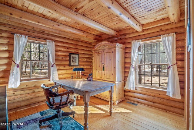 2677 Jackrabbit Dr, Pinetop, AZ 85935 - dining area with light wood-type flooring, plenty of natural light, visible vents, and beamed ceiling