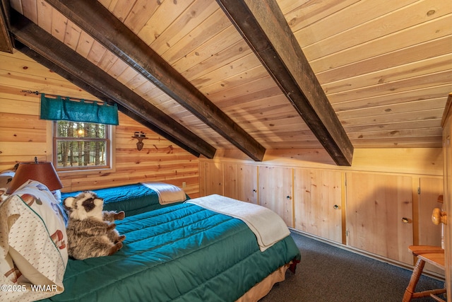 2677 Jackrabbit Dr, Pinetop, AZ 85935 - bedroom featuring vaulted ceiling with beams, carpet floors, wood ceiling, and wooden walls