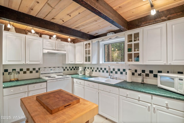 2677 Jackrabbit Dr, Pinetop, AZ 85935 - kitchen with white appliances, glass insert cabinets, and white cabinets