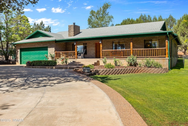 1030 Chamberlain Way, Show Low, AZ 85901 - view of front facade with covered porch, a chimney, driveway, an attached garage, and a front lawn