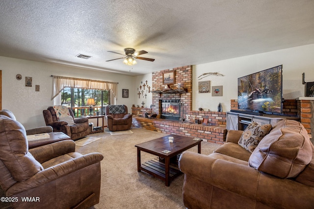 1030 Chamberlain Way, Show Low, AZ 85901 - carpeted living area featuring a brick fireplace, a ceiling fan, and a textured ceiling