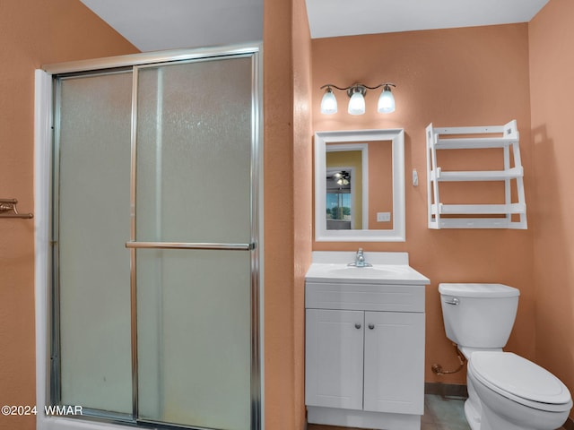 full bathroom with radiator, a shower with door, vanity, and toilet