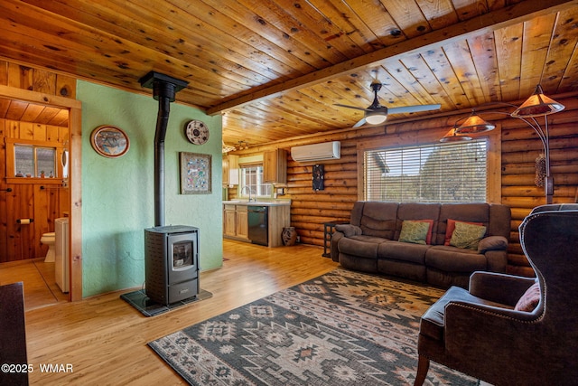 1919 Daggs St, Show Low, AZ 85901 - living area featuring an AC wall unit, a wood stove, log walls, wooden ceiling, and ceiling fan
