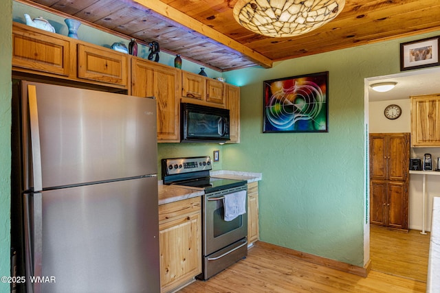 1919 Daggs St, Show Low, AZ 85901 - kitchen featuring appliances with stainless steel finishes, a textured wall, light wood-style flooring, wood ceiling, and light countertops