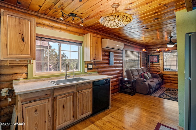 1919 Daggs St, Show Low, AZ 85901 - kitchen with dishwasher, rustic walls, an AC wall unit, wooden ceiling, and light wood-type flooring