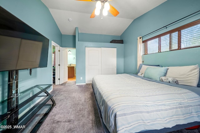 242 E Pinecrest Dr, Pinetop, AZ 85935 - carpeted bedroom featuring lofted ceiling, a closet, ceiling fan, ensuite bath, and baseboards