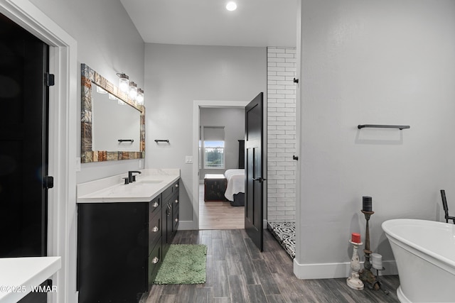 bathroom featuring vanity, baseboards, wood finished floors, and a freestanding bath