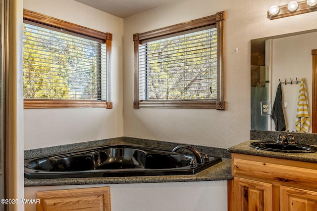 full bath with vanity and a garden tub