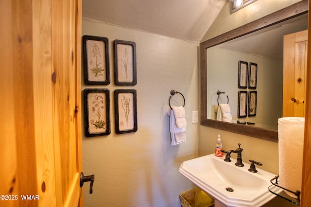 2841 Ponderosa Pkwy, Pinetop, AZ 85935 - bathroom featuring lofted ceiling, a sink, and a textured ceiling