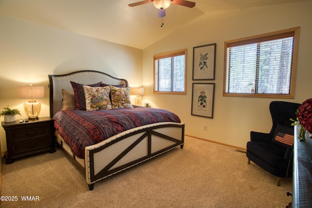 2841 Ponderosa Pkwy, Pinetop, AZ 85935 - bedroom with light colored carpet, lofted ceiling, baseboards, and a ceiling fan