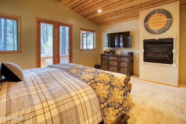 2841 Ponderosa Pkwy, Pinetop, AZ 85935 - bedroom with lofted ceiling, a glass covered fireplace, wood ceiling, carpet floors, and recessed lighting