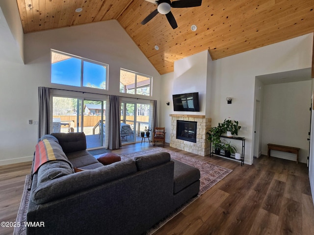 living area with a fireplace, high vaulted ceiling, wooden ceiling, and wood finished floors