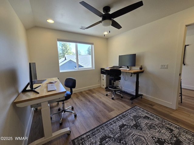 office with visible vents, ceiling fan, baseboards, recessed lighting, and wood finished floors