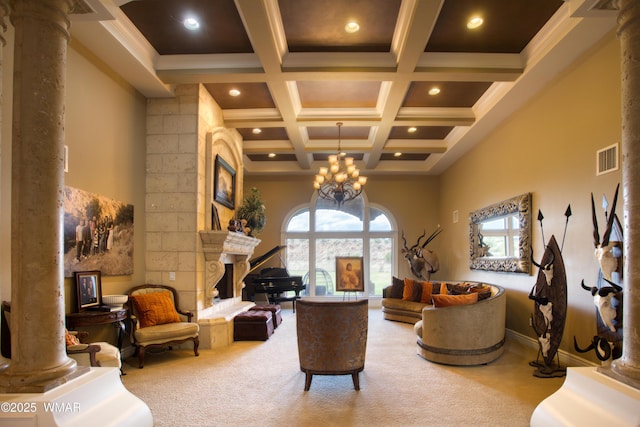 7444 Caldwell Canyon Rd, Snowflake, AZ 85937 - carpeted living area with ornate columns, beam ceiling, coffered ceiling, recessed lighting, and a chandelier