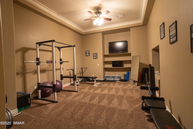 7444 Caldwell Canyon Rd, Snowflake, AZ 85937 - exercise room featuring baseboards, a ceiling fan, crown molding, carpet floors, and a raised ceiling